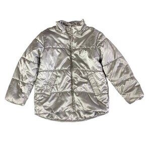 Lindex Girls Puffer Jacket 116 US 6 Gray Metallic Warm Hooded Winterwear